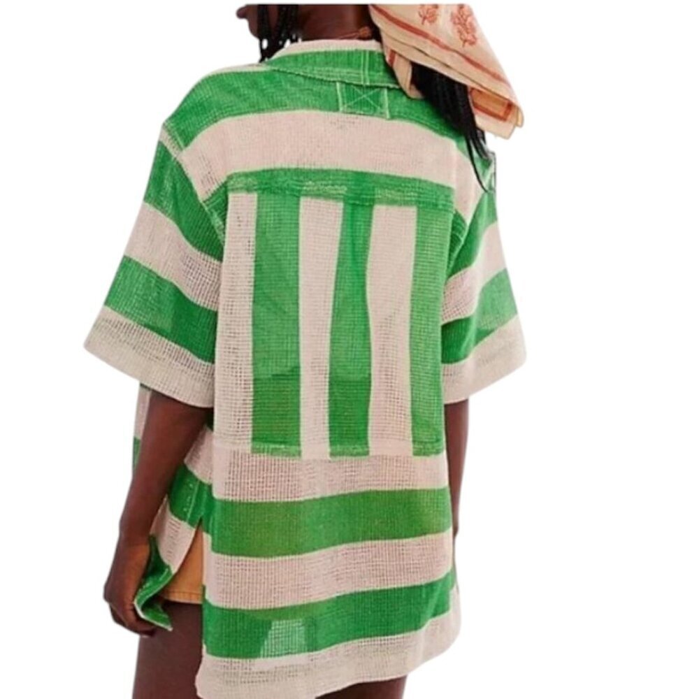 WE THE FREE Del Mar Cabana Button Down Cover Up Shirt Striped Green White Small - Picture 2 of 16